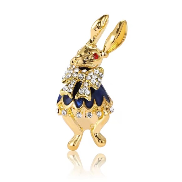 Anthropologie Jewelry - Gold and Blue Rabbit Brooch with Crystals Pin